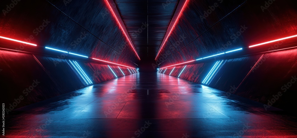 Aufkleber futuristic neon corridor with blue red lights in cyberpunk style 3d rendering