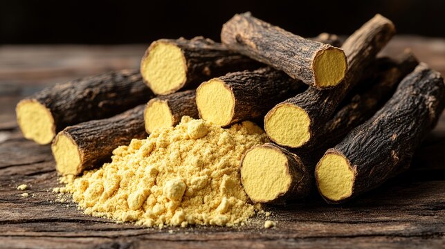 Dried licorice roots and powder on rustic wooden table