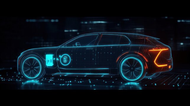 Futuristic Electric Car Charging with DC Fast Charger and Smart Battery Indicator in Dynamic Digital Environment