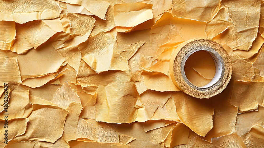 Poster a roll of yellow adhesive tape rests on a bed of torn golden fabric, creating a textured and visuall