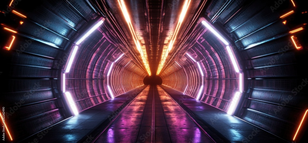 Poster futuristic neon tunnel glowing lights cyberpunk 3d rendering sci fi abstract space corridor showroom