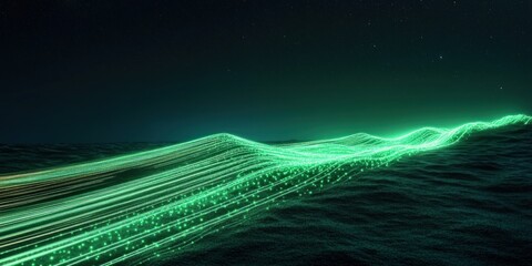 Vibrant Green Light Trails Across Dark Landscape at Night for Renewable Energy Transportation Concept
