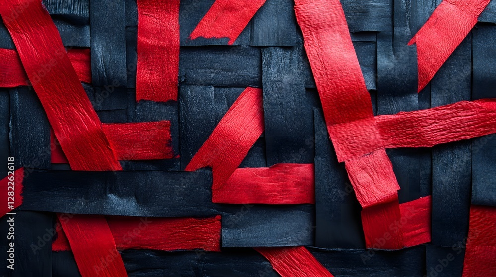 Poster Abstract artwork featuring interwoven red and dark blue strips creating a complex texture. Bold color contrast. Crimson and Midnight: Abstract Texture of Intertwined Red and Dark Blue Strips
