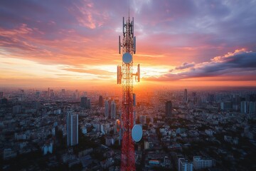 Telecommunications Tower Sunset Aerial View with 5G Antenna in Urban Landscape