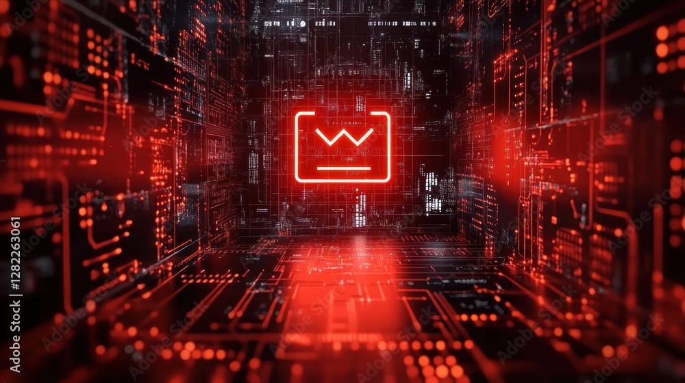 Poster cyber security breach alert in futuristic digital landscape with circuitry and hacking symbols