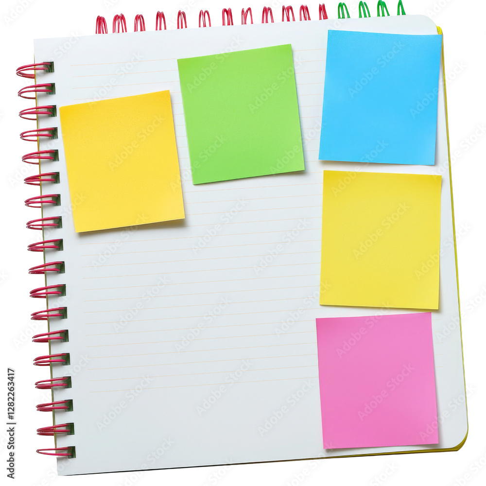 Poster blank notebook with colorful sticky notes arranged on page, ideal for reminders and organization. pe