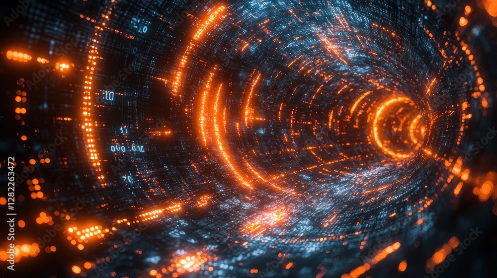 Poster abstract digital tunnel with glowing neon lights and data streams
