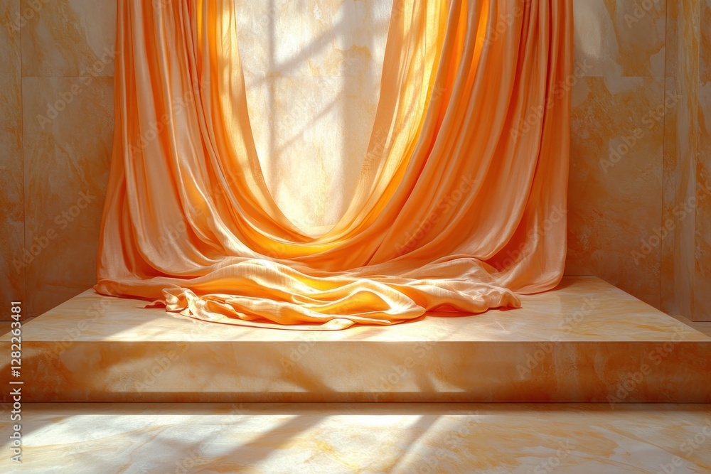Poster elegant presentation of brown silk drapes on polished wooden platform in minimalist setting