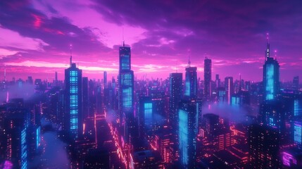 Fototapeta premium Cyberpunk Night Cityscape with Neon Lights and Futuristic Skyscrapers in a Moody Atmosphere