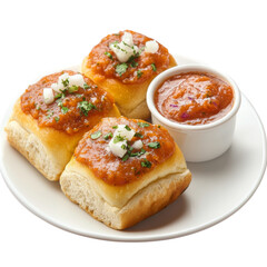 Delicious pav bhaji served with soft bread rolls and spicy vegetable curry, garnished with onions and cilantro, perfect for flavorful snack