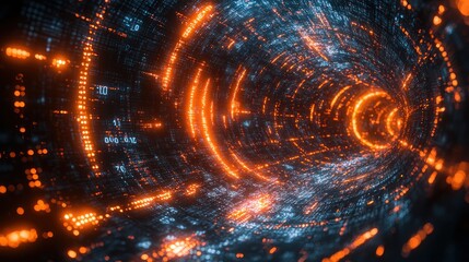 Obraz premium Abstract digital tunnel with glowing neon lights and data streams