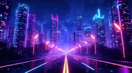 Futuristic Cityscape Night Render with Neon Lights and Cyberpunk Aesthetic