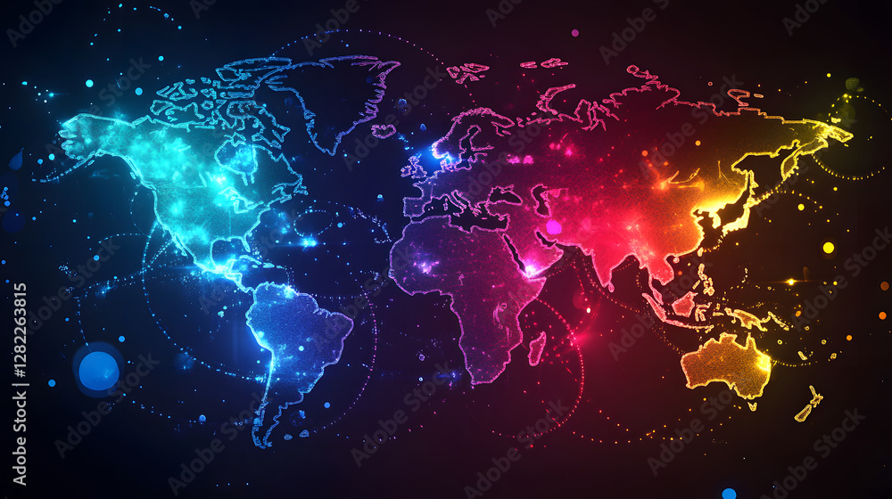 Poster Colorful world map showing global network connections and data flow