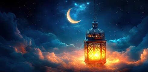 Ramadan Night with Glowing Arabian Lantern Crescent Moon and Blue Sky Ethereal Clouds Eid Celebration