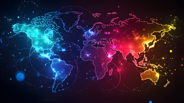 Colorful world map showing global network connections and data flow