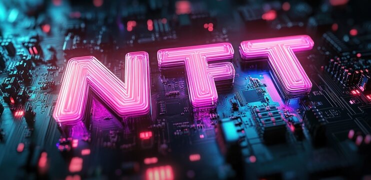 Futuristic Cyberpunk 3D Neon NFT Text on Circuit Board Background