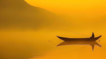 Fototapeta premium view of a man fishing on a boat decorated with trees