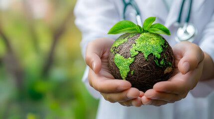 Doctor holding green earth globe covered with plants: environmental healthcare and sustainability concept