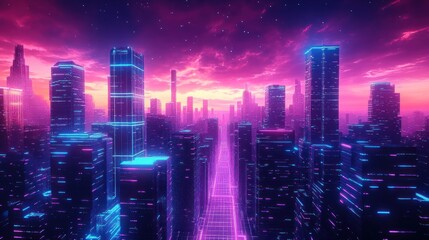 Futuristic Cityscape Cyberpunk Dusk Skyscrapers Neon Lights 3D Render