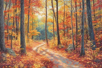 Autumnal forest path, sunlight through leaves, fall foliage, nature scene, peaceful landscape, print