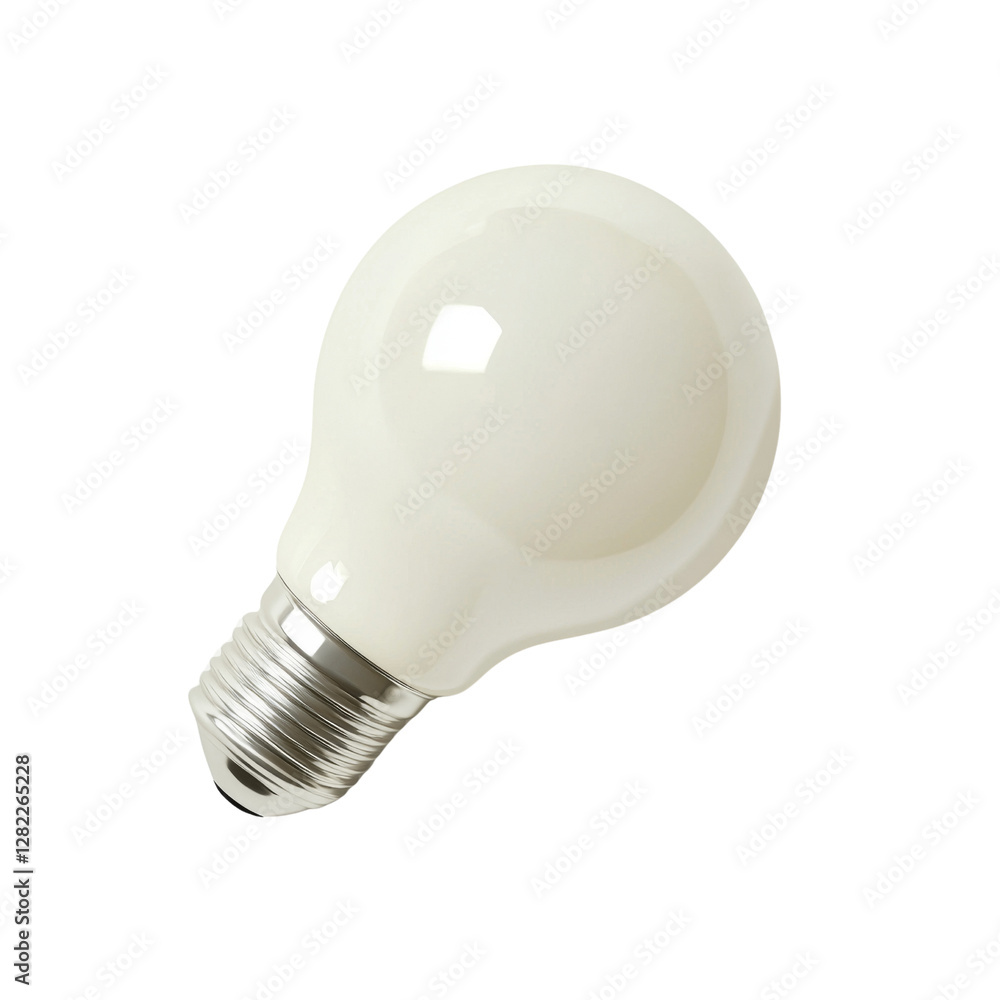 Poster white light bulb with standard base, showcasing smooth, glossy surface and rounded shape, ideal for 