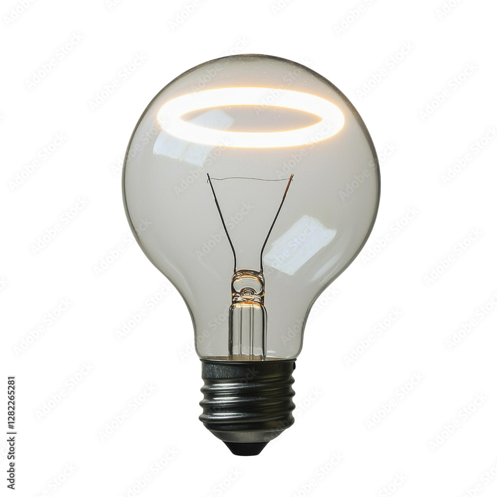 Poster glowing light bulb with unique halo design, showcasing its filament and transparent glass. this mode