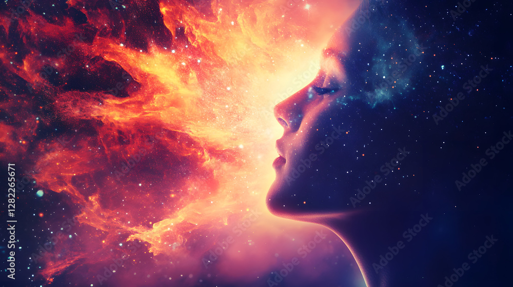 Aufkleber woman inhaling energy from universe with nebula clouds and stars
