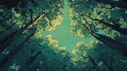 Fototapeta premium Upward view of forest canopy, sunlight through trees, nature background, ideal for nature documentaries