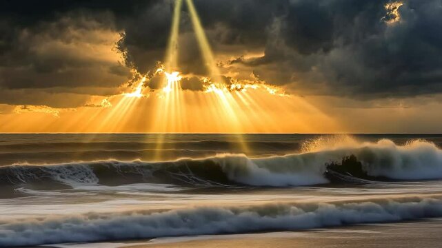Rays of sunlight break through clouds over turbulent ocean waves at sunset on a dramatic evening