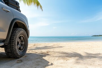 Off-road vehicle enjoying tropical beach getaway with roof rack and palm tree shade