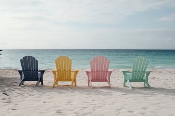 Pastel colored beach chairs facing the turquoise ocean on white sand beach