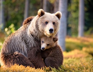 Obraz premium Mother bear and cub resting in a serene forest during sunny daylight hours