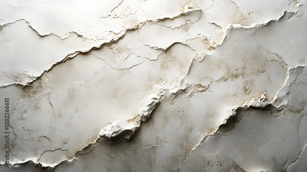 Poster close-up view of a textured white wall with cracks and weathered appearance. the surface shows signs