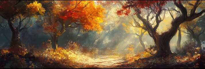 Autumnal forest path, sunlit leaves, misty background, game backdrop