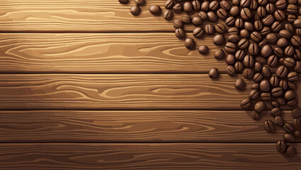 Rustic Wooden Surface with Scattered Coffee Beans, Warm Tones and Soft Lighting