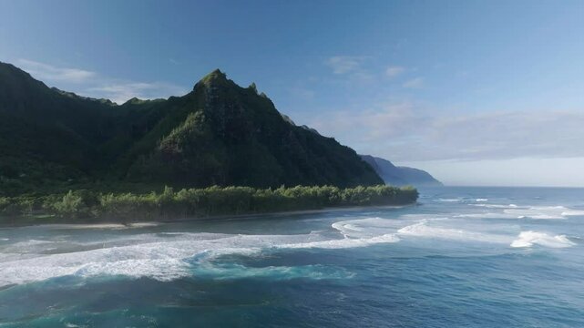 Aerial video of Maniniholo Bay and Ke'e beach towards the Na Pali coastline of Kauai