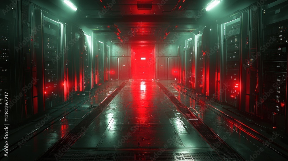 Poster futuristic server room illuminated by neon lights with complex architecture