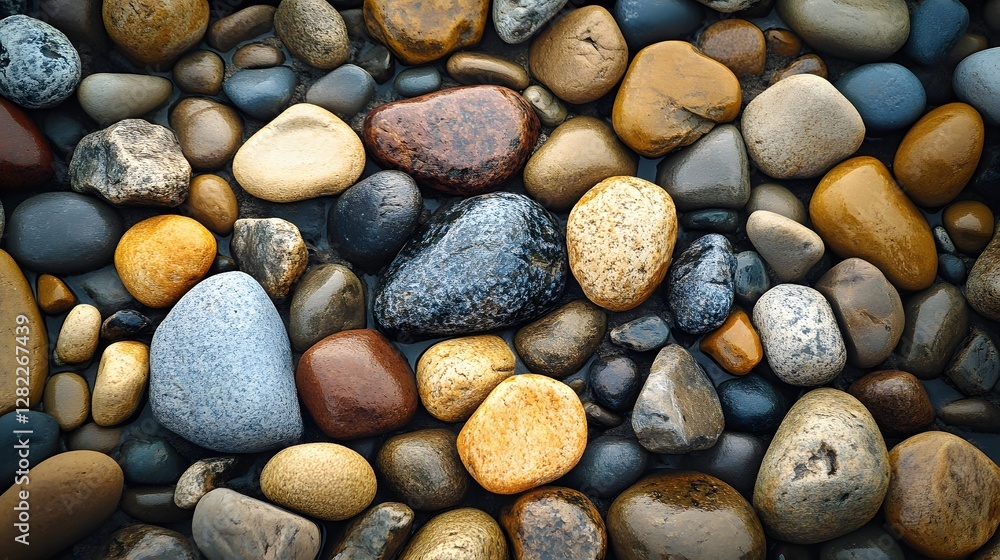 Poster Close-up view of various smooth, colored pebbles. Natural texture and pattern. A Collection of Smooth, Colorful Pebbles