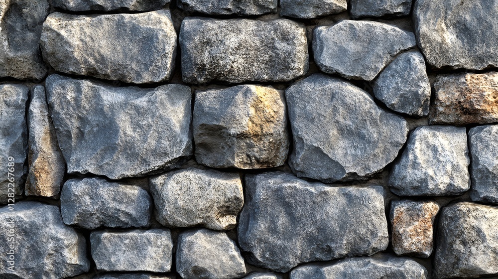 Poster Close-up view of a rustic stone wall. Irregularly shaped grey and brown stones create a textured surface. Rustic Stone Wall Texture: A Close-Up View of Irregularly Shaped Grey and Brown Stones