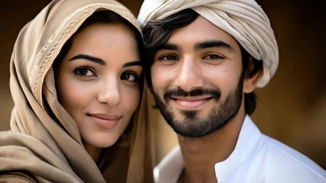 Happy young Arabian Muslim couple portrait. Close up shot to faces