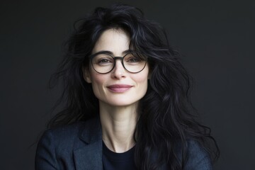 Fototapeta premium Confident entrepreneur smiling, wearing glasses and blazer on dark background