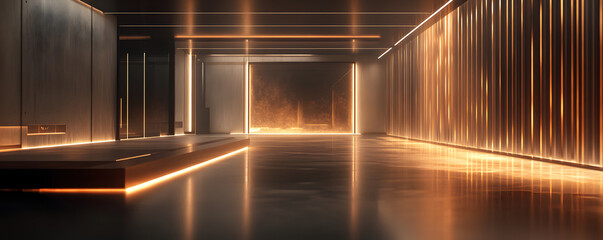 Fototapeta premium Modern empty room with orange lights shining on wall