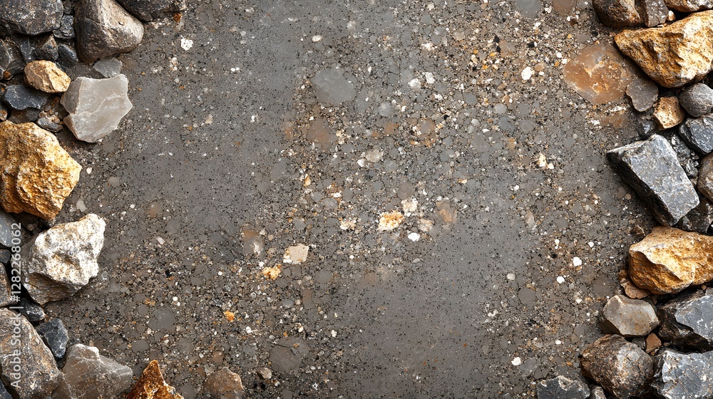Poster A textured background image featuring an assortment of rocks and stones forming a frame around a gravel surface. Gravel Texture Background: Stones and Rocks Frame