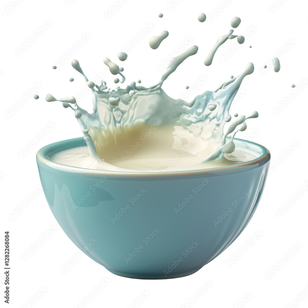 Poster blue bowl filled with milk splashes as liquid erupts from it, creating dynamic and refreshing scene. vibrant colors and motion evoke sense of energy and freshness