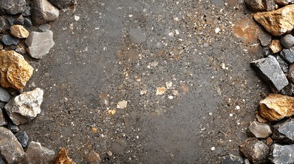 A textured background image featuring an assortment of rocks and stones forming a frame around a gravel surface. Gravel Texture Background: Stones and Rocks Frame
