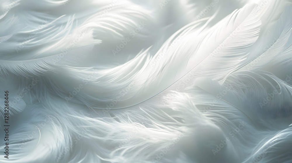 Poster close-up of soft, white feathers, creating a serene and dreamy atmosphere. serene white feathers: a 