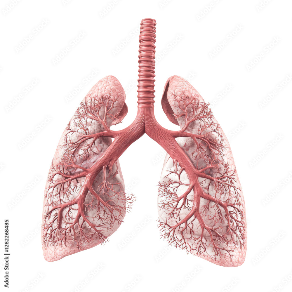 Poster Anatomical illustration of human lungs showing detailed structure and branching bronchi. This highlights respiratory system complexity and function