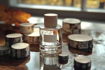 A glass perfume bottle with a wooden cap stands elegantly among carefully arranged birch wood slices on a reflective wooden surface.