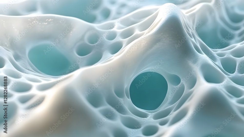 Poster Close-up view of a 3D rendered abstract cellular structure. The interconnected cavities and peaks, creating a complex and intriguing visual. A 3D Render of Interconnected Cavities and Peaks