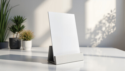 Blank photo frame on table with plants and sunlight shadows